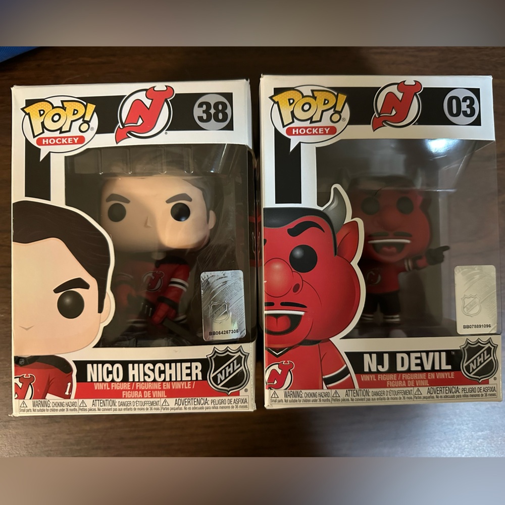 PAIR NJ Devils Nico Hischier and NJ Devil mascot Funko Pop NHL figures